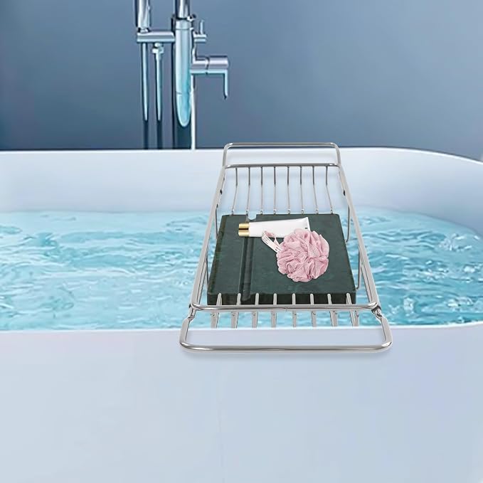 Bathtub Tray Caddy for Luxury Bath, Stainless Steel 26.8-35.4 in Expandable Extra Wide Bath Tub Tray with Natural Marble and Mobile/Tablet Stand, Ideal for Home Spa Lovers (Silver + Green)