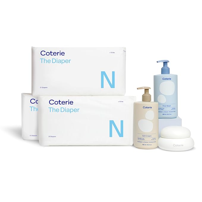 Coterie Skincare Essentials Set | Newborn Diapers (93 Count) + 16.2 oz Shampoo & Body Wash, 16.2 oz. Face & Body Lotion, 4.7 oz Diaper & Dry Skin Balm | Hypoallergenic, Safe for Sensitive Skin