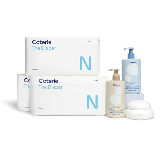 Coterie Skincare Essentials Set | Newborn Diapers (93 Count) + 16.2 oz Shampoo & Body Wash, 16.2 oz. Face & Body Lotion, 4.7 oz Diaper & Dry Skin Balm | Hypoallergenic, Safe for Sensitive Skin