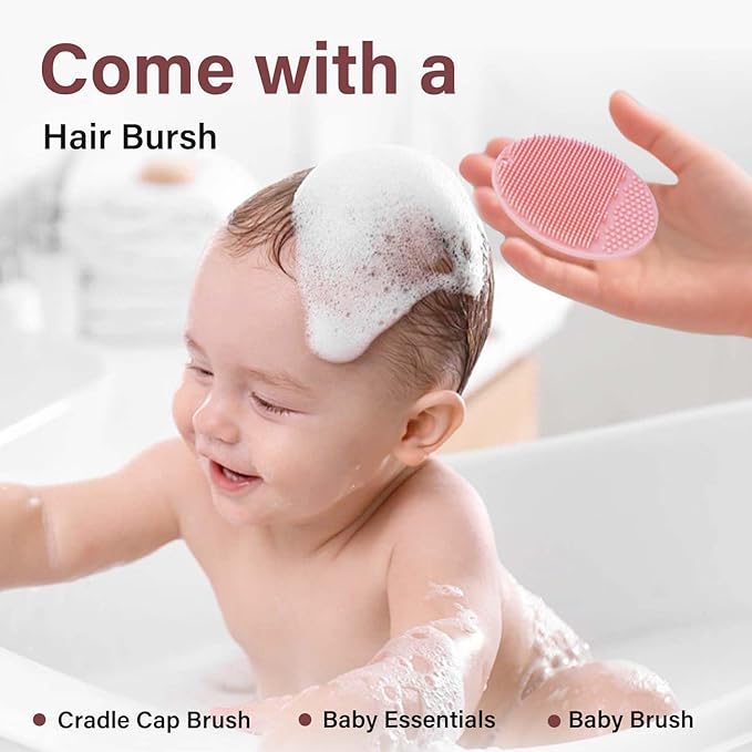 mandoo Baby Bath Rinse Cup - Food Grade Silicone - Shampoo & Body Washing Rinser Cup for Kids with Easy Grip Handle to Rinse Baby Shampoo and Soap - Baby Essentials (Beige+Brush)