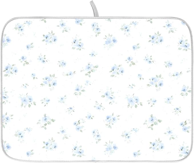 Blue Small Floral Dish Drying Mat, Absorbent Drainer Mats for Kitchen Counter Coffee Maker 24"x18"