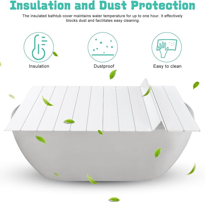 Bathtub Tray, 63x31.5 Inches Foldable Waterproof Bathtub Cover with Thermal Insulation, PVC Shutter Bath Lid Dust-Proof for Most Tubs, Laptop Desk & Wine Glass Holder for Home Bathroom Spa White