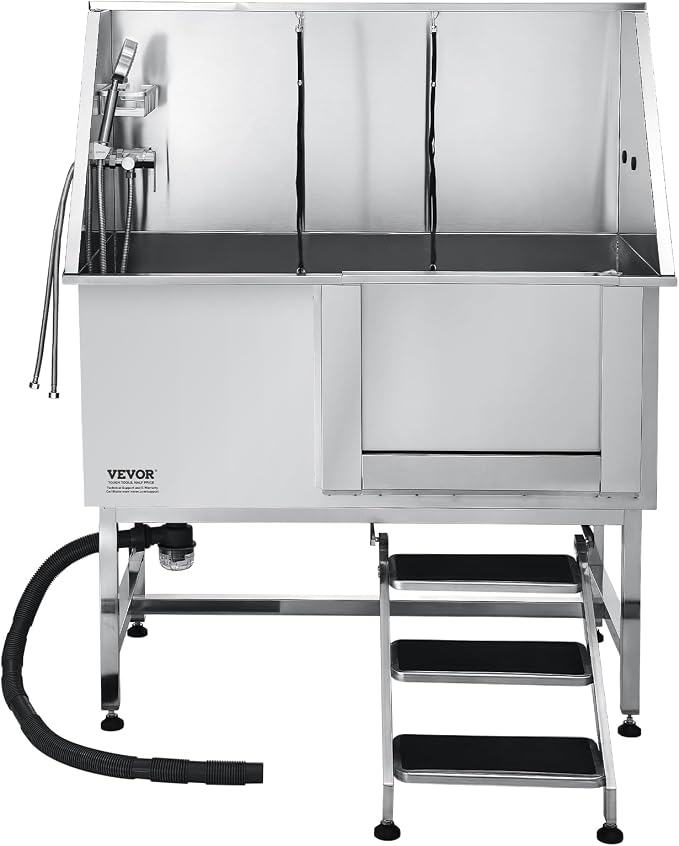 VEVOR Stainless Steel Dog Washing Station, 50 inch Pet Grooming Tub w/Stairs, PE Water Filter Board, Faucet & Showerhead & Soap Holder Dog Bathtub for Large & Medium & Small Pets (Right Door)