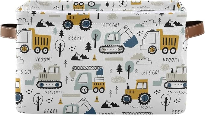 Wamika Excavator Truck Toy Storage Basket Fabric Kitchen Baskets Cars Boys Toys Open Home Storage Bins Boxes Foldable Organizer Bag for Baby Cloth Book Shelf Closet Baskets 16×12×8 Inches