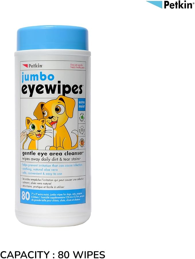 Petkin Jumbo Pet Eye Wipes, 80 Extra Moist Wipes - Gentle Eye Cleansing Wipes Remove Dirt, Discharge, & Tear Stains - Safe, Convenient, & Easy to Use Pet Wipes for Dogs, Cats, Puppies & Kittens