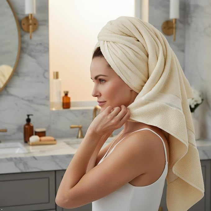 Luxury Bath Towels Set-100% Cotton- 2 Bath, 2 Hand & 2 Washcloths- Large, Thick, Fluffy, Absorbent, Quick Dry, Soft, Plush -Gift, Pool, Hotel, Gym Towel -6 Piece Luxury Bathroom Towels - Cream / Ivory
