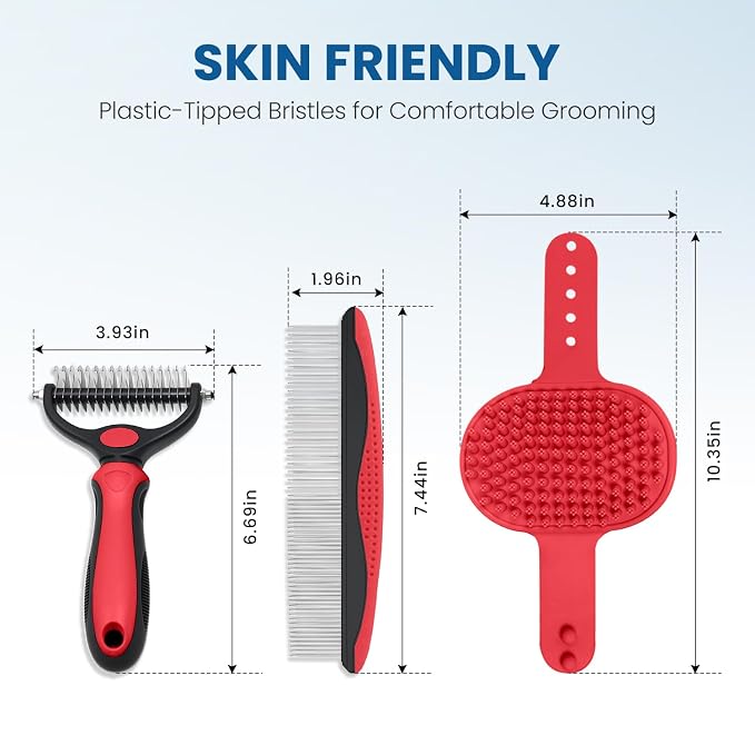 Double-Sided Pet Grooming Rake - 4-in-1 Professional Pet Grooming Kit Deshedding Dematting Tool for Dogs Cats Extra-Wide Grooming Brush & Deshedder Comb for Long & Short Haired Pets (Red Kit 4PCS)