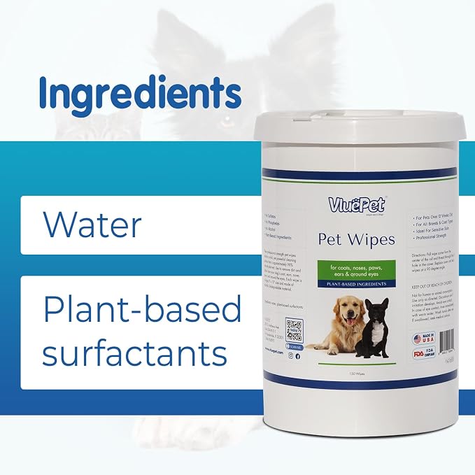 VLUEPET - Pet Wipes for Dogs & Cats | Biodegradable, Natural & Unscented Grooming Wipes for Paws, Coat, Ears, Eyes & Rear | Soft, Durable & Safe for Daily Cleaning, Fragrance-Free | 150 Count