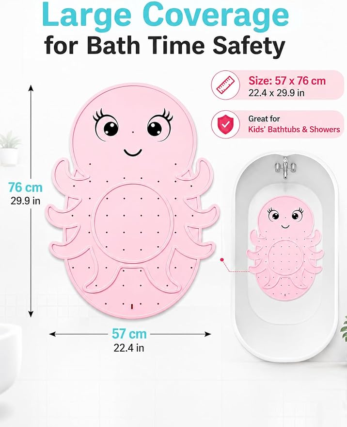 Kids Bathtub Mat Non Slip, Soft Silicone Octopus Baby Bath Mat for Tub, Toddler Bath Mat with Large Suction Cups, Washable Anti Slip Shower Mat for Children, Smooth Tub Surface Only