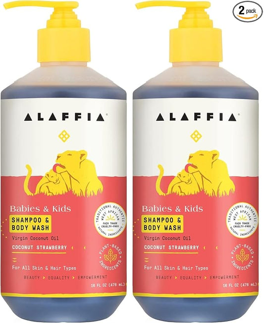 Alaffia Babies and Kids Shampoo and Body Wash, Gentle and Calming Support for Soft Hair and Skin with Shea Butter, Neem, and Coconut Oil, Fair Trade, Coconut Strawberry, 16 Fl Oz (Pack of 2)