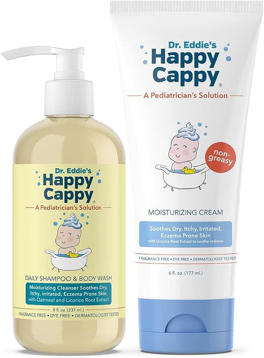 Happy Cappy Baby Shampoo, Body Wash, & Moisturizing Cream Bundle - Eczema Body Wash and Lotion for Kids & Toddlers, Helps with Dryness, Reduces Itching, Dermatologist Tested, Fragrance-Free
