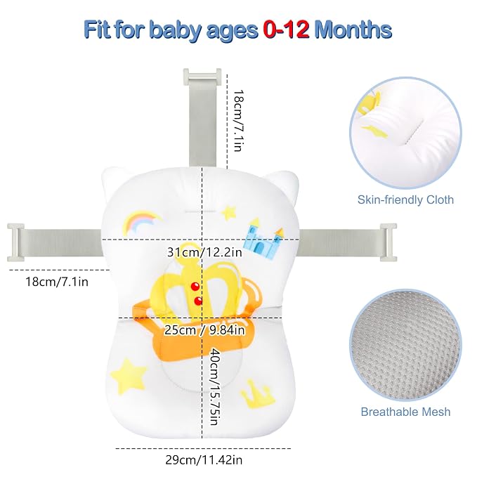 Colorlife Baby Bath Seat Support Net Infant Bathing Seat Support Mat, Adjustable Comfortable Non-Slip Three-Pointed Baby Shower Net Bathtub Sit Up Mesh for Newborn 0-12 Months-White Crown(No Bathtub)