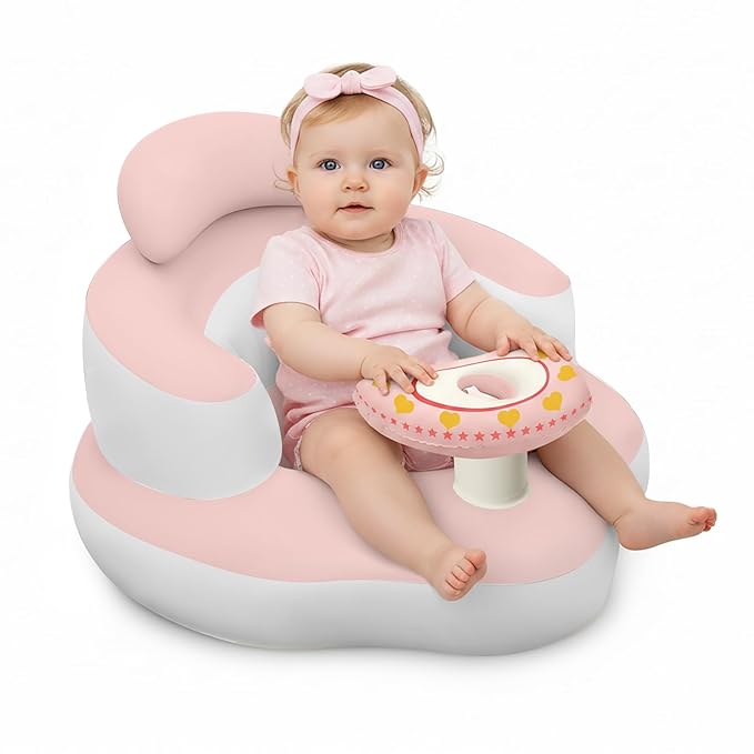 Inflatable Baby Seat for Babies 3-36 Months, Built-in Air Pump, Sit Me Up Chair with Tray and Back Support, Learning to Sit, Portable Baby Chair (Pink & White)