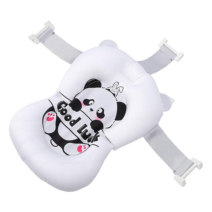 Dpofirs Baby Bath Cushion Pad Non Slip Foldable Infant Bathing Seat Support Mat with Wedge Pillow for Newborn Toddlers, Soft Cotton Bath Tub Mat for Head Neck Back Safety Buckle (Panda Pattern)