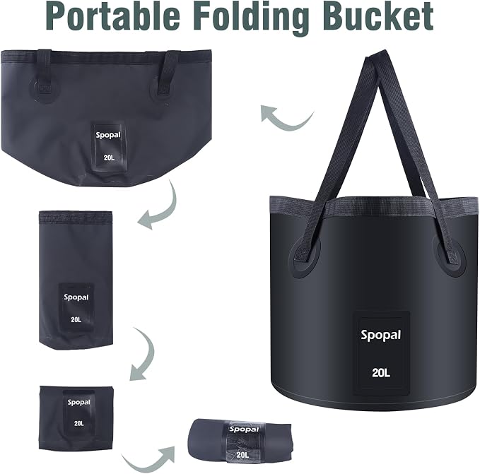 Portable Shower for Camping, [Upgraded] Spopal 8000mAh Rechargeable Camping Shower with 5 Adjustable Speeds, 4 Spray Modes with Collapsible Bucket with Handle 20L for Hiking, Travel, Car, Pet