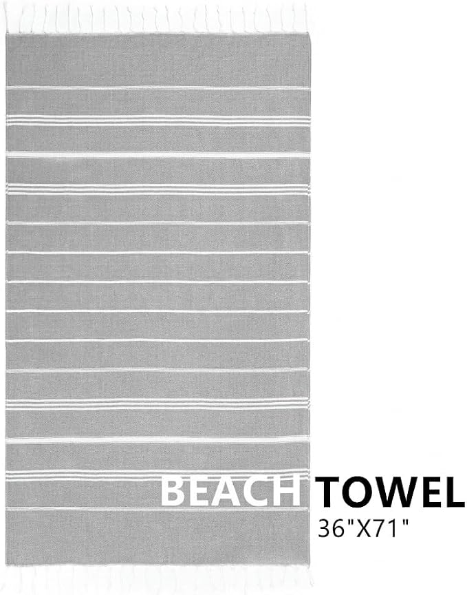 Aegero Turkish Beach Towel, 36"x71" Quick Dry Sand Free Oversized Bath Pool Swim Towel, Lightweight Travel Turkish Towels Vacation Essentials, Light Gray