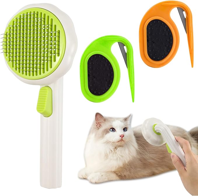 Self-Cleaning Grooming Brush, with 2 PCS Dematting Comb for Dog, Skin Friendly, Non-Slip Handle, Cat Brush for Long Haired Cats & Dogs, Pet Supplies Hair Remover Tool
