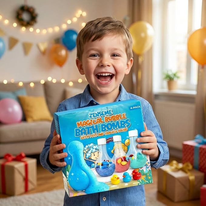 Bubble Bath Bombs for Boys with Mini Toy Ducks Inside – Bubble Bath for Kids - Kids Bath Bombs Toys Powder– Bathtime Experiment Kit Mix - Blast of Foam & Colours – Gift Set of 4 - Bath Toys
