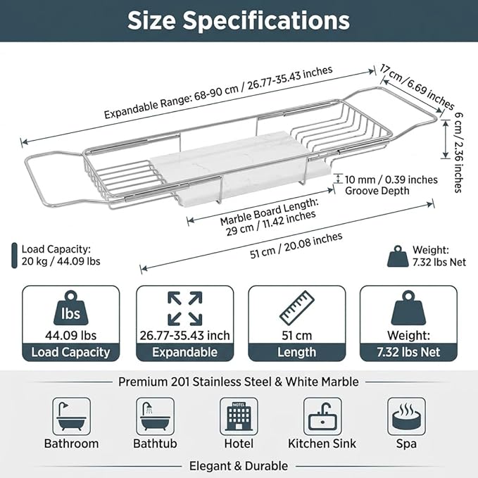 Bathtub Tray Caddy for Luxury Bath, Stainless Steel 26.8-35.4 in Expandable Extra Wide Bath Tub Tray with Natural Marble and Mobile/Tablet Stand, Ideal for Home Spa Lovers (Silver + White)