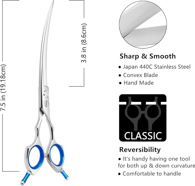 HASHIMOTO Curved Dog Grooming Scissors, 7.5 inch, Trimming Face and Paws | Sharp, Lightweight, 440C Stainless Steel, 30 Degree of Curved Blade