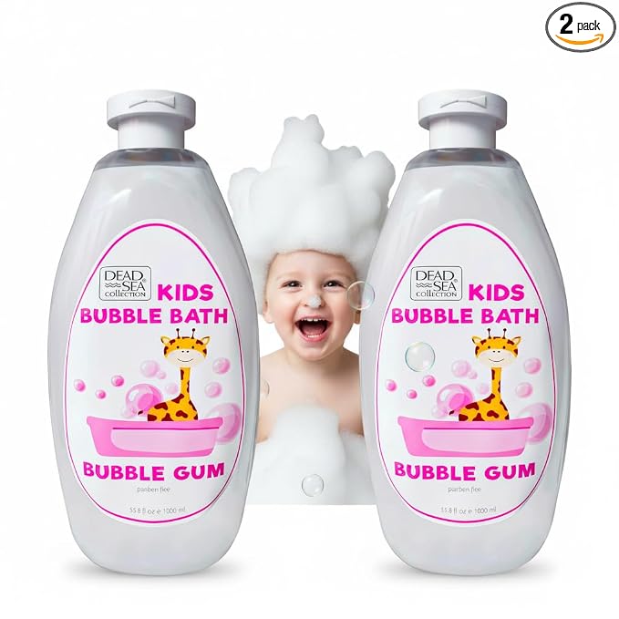 Dead Sea Collection Bubble Bath Kids with Bubble Gum Scent - Cleansing and Moisturizing Liquid Bath Pure Dead Sea Minerals - Pack of 2 Large Bottles (67.6 fl.oz)