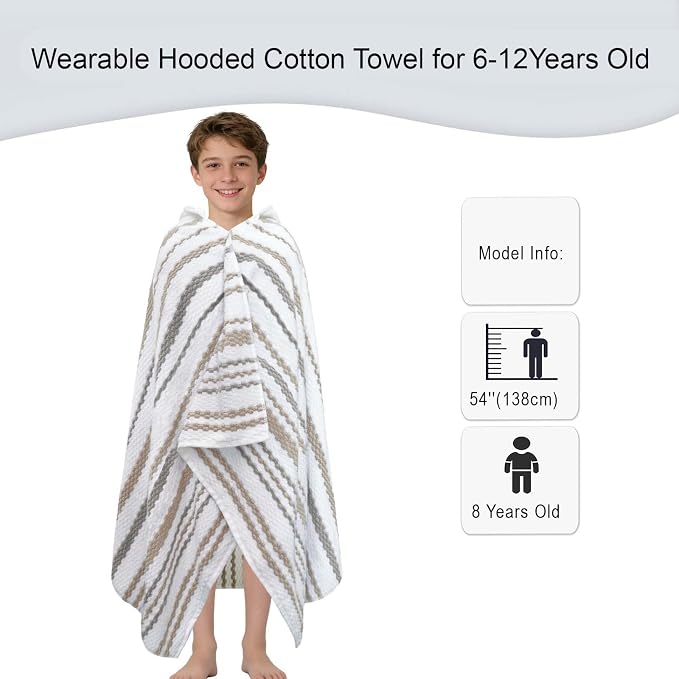 VOOVA & MOVAS Big Kids Hooded Bath Towel Wrap (6-12 Years, 66"x34") | Thick & Large-Size Fast-Drying Absorbent Cape | Ideal for Beach, Pool, Swim & Bath Cover-Up | Brown Gray Stripe
