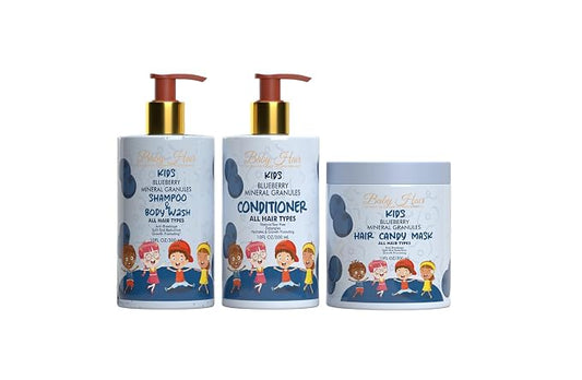 BABY HAIR - Blueberry Mineral Toddler Shampoo/Body Wash, Conditioner, and Hair Mask Set, Sulfate-Free Shampoo and Conditioner with Strawberry & Blueberry Oil, Detangling Shampoo for Kids, 10 fl.oz.