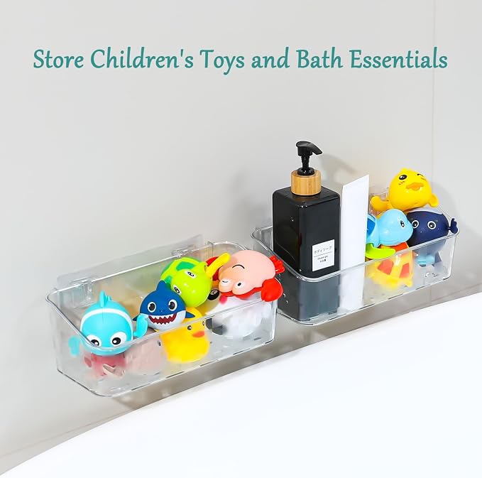 Bath Toy Storage Holder For Bathtub, Wall Mounted Shower Bath Tub Baby Toy Organizer, Hanging Clear Plastic Shower Caddy for Bathroom，2 PACK