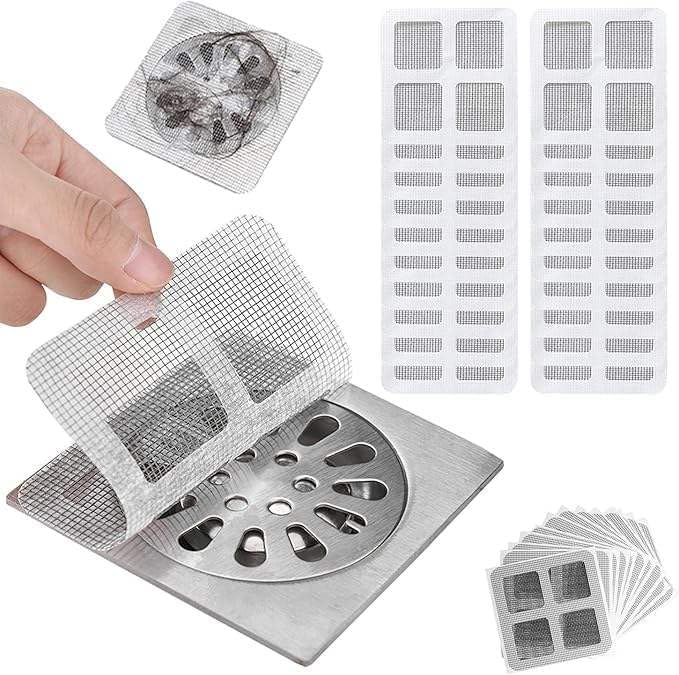 Disposable Shower Drain Hair Catcher, 3.94 Inches Square, 100 PCS | With Scrapper, Stickers for Bath & Kitchen, For Human & Pet Hair, Bathtub & Laundry Cover
