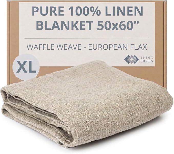 Pure 100% Flax Linen Blanket – 50x60-inch Linen Throw Blanket Waffle Weave – Breathable Cooling Blanket – Versatile Beach Blanket – Pre-Washed Lightweight European Flax