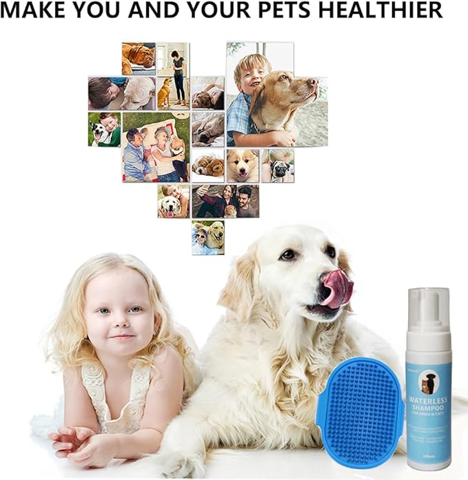 Dog Dry Shampoo, Waterless Dog Shampoo with Silicone Brush, PH-Balanced Dog Shampoo Foam for Dogs & Cats, Clean Moisturizes Skin & Deodorizes Coat with Fresh Smell