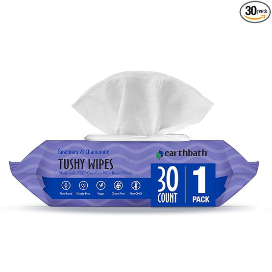 earthbath, Rosemary & Chamomile Tushy Wipes - Dog Wipes for Paws and Butt, Pet Wipes for Dogs & Cats, Made in USA, Cruelty-Free Dog Cleaning Wipes, Helps Neutralize Odors - 30 Count (1 Pack)