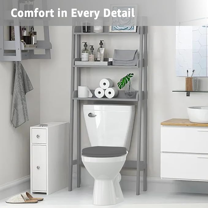 Toilet Seat Round 16.5 Inch with Quick Release-Quick Connect. White Round Toilet Seat with Soft Close. PP Material Safe, Easy Clean and Install, Sturdy Accessories Never Loosen,2 Years Support, Grey