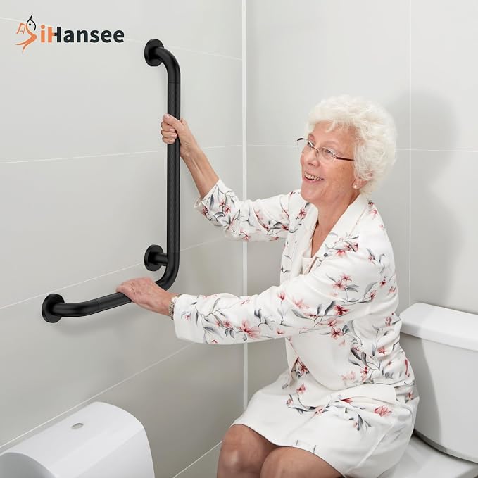 Matte Black Angled Grab Bar 16x24 Inch, iHansee Bathroom Safety Bar w/Anti-Slip Knurled Grip, Wall Mount L Shaped Shower Handle for Elderly Senior Handicap, Toilet Bathtub Balance Support Handrail