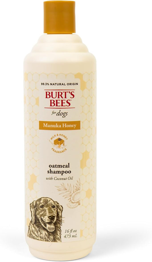 Burt's Bees for Pets Manuka Honey Oatmeal Shampoo for Dogs, Colloidal Oatmeal & Coconut Oil, 95%+ Natural Origin, No Sulfates, Parabens or Phthalates, Milk & Honey Scent, 16 Fl Oz