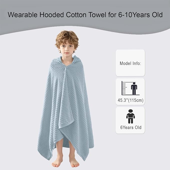 VOOVA & MOVAS Hooded Bath Towels for Kids | Soft Absorbent 100% Cotton Thick Towel Wrap | Versatile Beach, Pool, Swim & Bath Cover-Up | Dark Grey Blue Solid Waffle