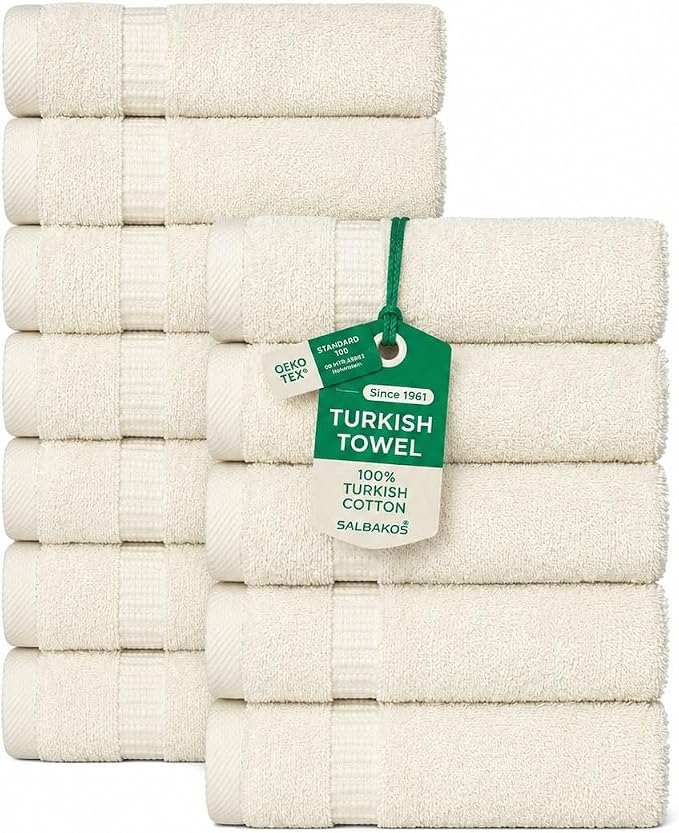 SALBAKOS 100% Turkish Cotton Washcloth Set of 12 13x13 inch | Heirloom Quality | Hotel & Spa Collection | Ultra Soft, Super Absorbent, Washcloth Towels | Made in Turkey (Ivory, 12 Washcloths)