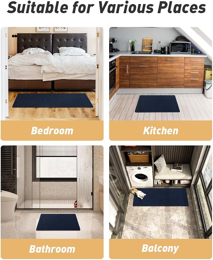 Upgraded Waffle Runner Rug Super Absorbent Non Slip Bath Mats for Bathroom, Washable Bathroom Runner Rug with Tassels, Ideal for Hallway Bedroom Laundry Room, Brown, 2'x 6'(24" x 72"), Navy Blue