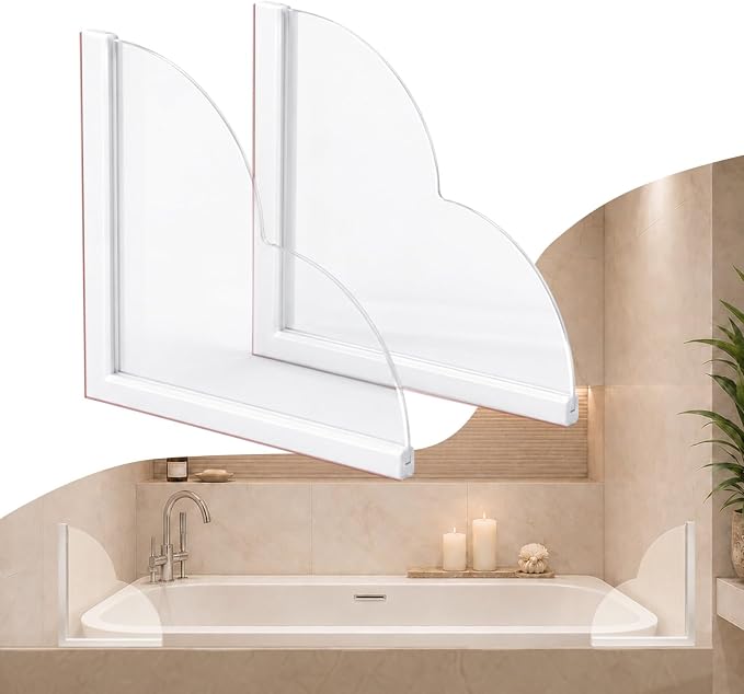 Shower Corner Splash Guard, 9.25" x 9.25" Clear Acrylic Tub and Shower Corner Water Barrier with Silicone Base, No-Drill Removable Design — Pack of 2