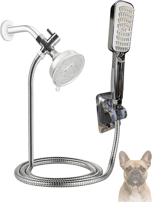 Dog Shower Attachment with Adjustable Water Pressure & Pause Mode | Dog Shower Sprayer with 100-inch Stainless Steel Hose Metal Diverter for Indoor, And Faucet Adapter for Outdoor Pet Bathing
