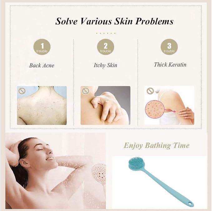 Long Handle Silicone Body Scrubber for Shower, Dual-Sided Back Scrubber Brush with Soft Bristles&Massage Nodes, Exfoliating Bath Brush for Hard to Reach Areas, Easy to Clean & Quick Dry, for Daily Use
