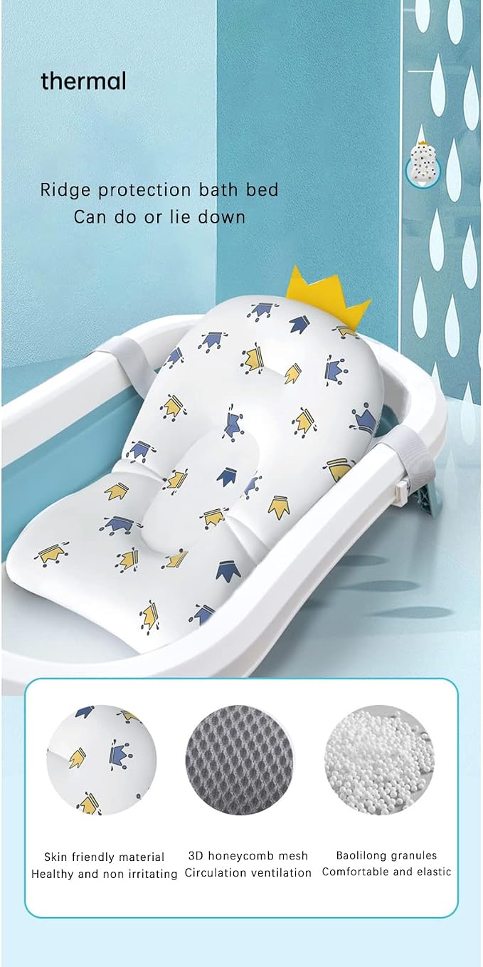 Baby Bath Cushion Pad Newborn Bathtub Mat Infant Bath Supporter Net Baby Bathtub Pillow Non-Slip Floating Bathing Tub Seat (White Crown, 28cm*43cm*26cm)