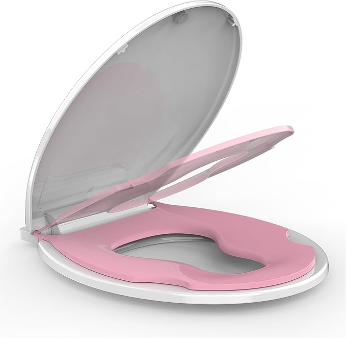 Toilet Seat with Potty Training Seat Built-In, Round Fit, Soft Close Lid, Slow Close Noiseless Design, American Standard Compatible,White and Pink