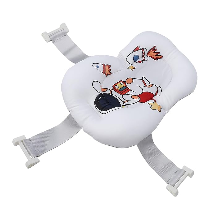 Fafeicy Baby Bath Cushion Pad Cotton Infant Bathing Seat Support Mat with 3 Buckles Wedge Design 28 X 6 X 38cm for Newborn Toddler Bathtub Bath Time (Astronaut Pattern)