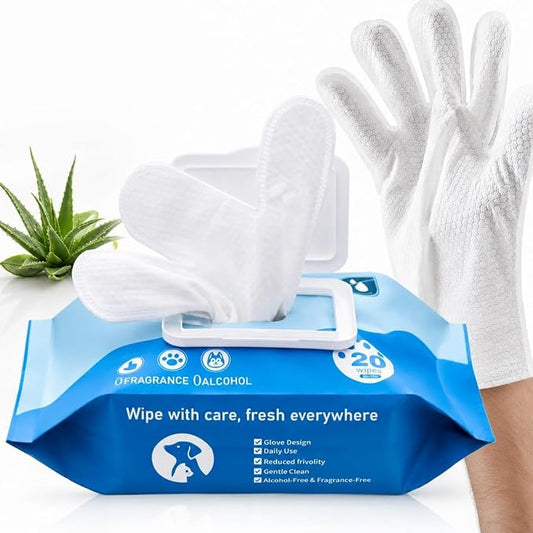 Pet Grooming Glove Wipes for Dogs&Cats, Extra Thick Rinse Free Cleaning Gloves with Aloe&Glycerin, Hypoallergenic Deodorizing Bathing Wipes for Daily Care, Travel, Portable, Unscented, 20ct