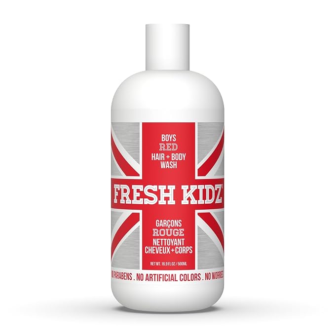 Fresh Kidz Boys Red Body Wash & Shampoo, 16.9 fl oz – Aluminum & Baking Soda Free Kids Body Wash for Boys, Teens & Tweens, Gentle Daily Cleanser for Sensitive Skin, Fresh Woody Musk Scent