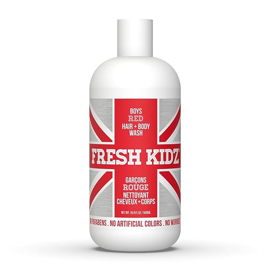 Fresh Kidz Hair & Body Wash for Kids and Teens - Gentle Bath and Shower Cleanser for All Skin Types - Boys Red, 16.9 fl.oz.