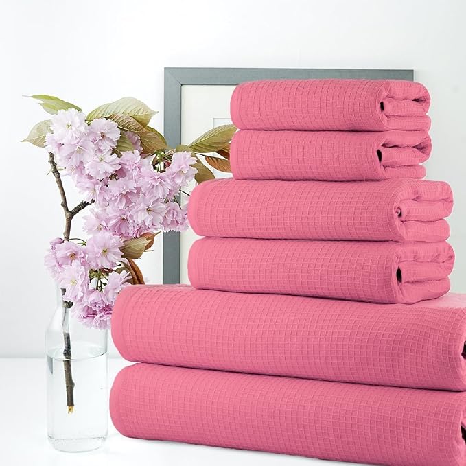 CASA COPENHAGEN Waffle 6Pcs 100% Egyptian Cotton Large Designer Towels Gift Set- Pink, 2Bath 2Hand 2Washcloths, Bath Towels for Bathroom (Box Pack, Set for Women & Men)