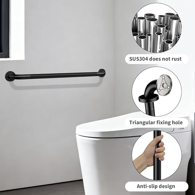 36 Inch Anti Slip Shower Grab Bar, ZUEXT Matte Black Stainless Steel Long Bathroom Safety Handle w/Knurled Grip, Heavy Duty Wall Mounted Bathtub Toilet Stair Support Rail for Seniors Disabled