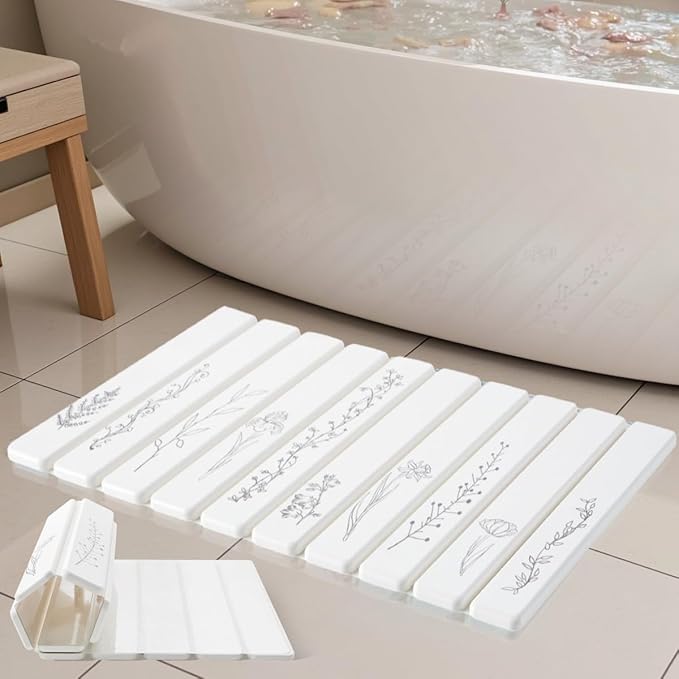 Foldable Stone Bath Mat - 24x16 Inch, Super Absorbent Diatomaceous Earth Large Bath Mats for Bathroom, Quick Dry Non-Slip Stone Drying Mats for Kitchen Counter & Bathtub (Black Floral Decor)